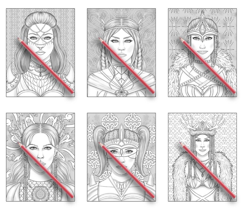 May include: Six black and white illustrations of women with intricate hairstyles and headwear. Each woman is wearing a different style of armor and has a unique facial expression. The illustrations are set against a background of Celtic knotwork and other decorative patterns.