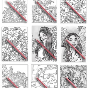 May include: A set of nine coloring book pages featuring a variety of designs, including flowers, birds, animals, and people. The pages are printed on white paper and are ready to be colored with pencils, crayons, or markers.