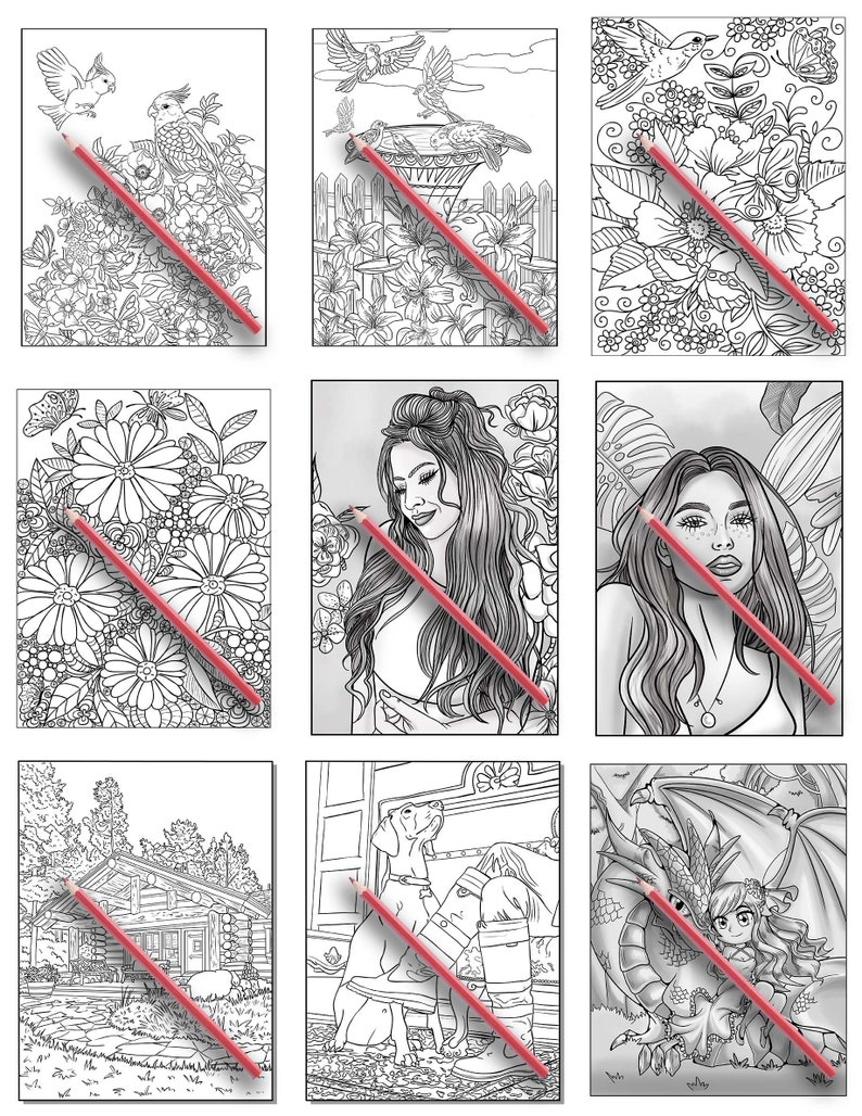 May include: A set of nine coloring book pages featuring a variety of designs, including flowers, birds, animals, and people. The pages are printed on white paper and are ready to be colored with pencils, crayons, or markers.