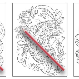 以下が含まれることがあります： ドラゴン、トカゲ、ユニコーンを描いた、白黒の線画の塗り絵3枚。それぞれの画像は、複雑な花の模様で囲まれています。
