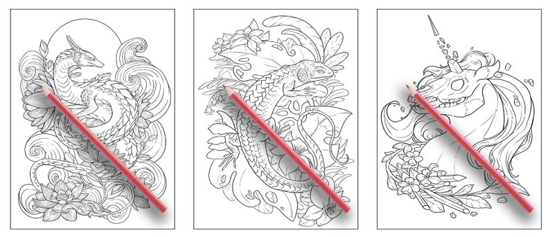以下が含まれることがあります： ドラゴン、トカゲ、ユニコーンを描いた、白黒の線画の塗り絵3枚。それぞれの画像は、複雑な花の模様で囲まれています。