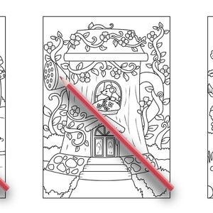Pode incluir: Tr&ecirc;s p&aacute;ginas para colorir em preto e branco com casas de fadas caprichosas. A primeira casa &eacute; um cogumelo com uma flor no topo. A segunda casa &eacute; um tronco de &aacute;rvore com uma janela. A terceira casa &eacute; um cogumelo com uma porta e uma chamin&eacute;.