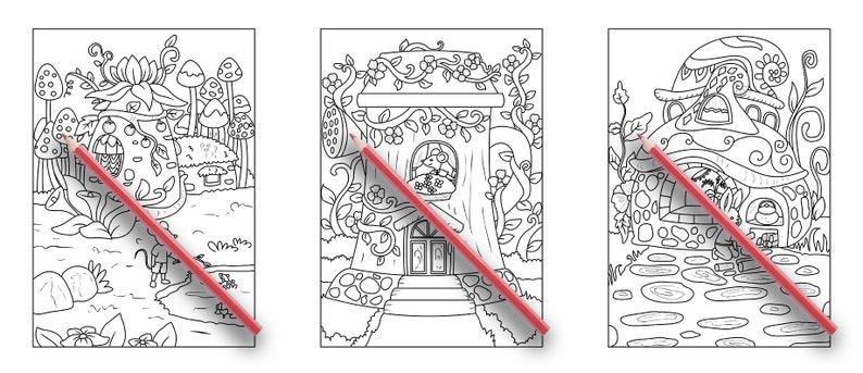 Pode incluir: Tr&ecirc;s p&aacute;ginas para colorir em preto e branco com casas de fadas caprichosas. A primeira casa &eacute; um cogumelo com uma flor no topo. A segunda casa &eacute; um tronco de &aacute;rvore com uma janela. A terceira casa &eacute; um cogumelo com uma porta e uma chamin&eacute;.