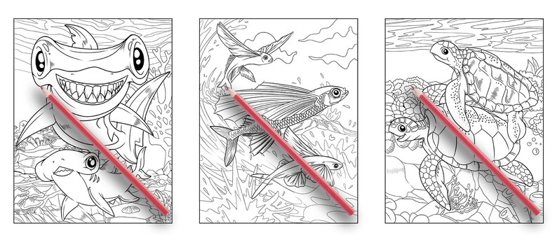 May include: Three black and white coloring pages featuring underwater sea life. The first page shows a hammerhead shark and a smaller shark. The second page shows a flying fish and a smaller fish. The third page shows a sea turtle and a smaller turtle.