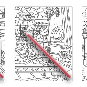 May include: Three black and white illustrations of a small town with shops and buildings. The first illustration shows a street with a bistro, the second shows a bakery, and the third shows an art gallery.