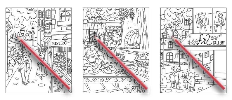 May include: Three black and white illustrations of a small town with shops and buildings. The first illustration shows a street with a bistro, the second shows a bakery, and the third shows an art gallery.