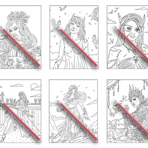 Puede incluir: Seis p&aacute;ginas para colorear en blanco y negro con diferentes mujeres con detalles intrincados. Cada p&aacute;gina tiene un l&aacute;piz dibujado sobre ella, lo que sugiere que las p&aacute;ginas est&aacute;n listas para ser coloreadas.