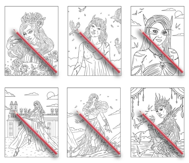 Puede incluir: Seis p&aacute;ginas para colorear en blanco y negro con diferentes mujeres con detalles intrincados. Cada p&aacute;gina tiene un l&aacute;piz dibujado sobre ella, lo que sugiere que las p&aacute;ginas est&aacute;n listas para ser coloreadas.