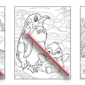 May include: Three black and white coloring pages featuring a butterfly fish, a penguin and a baby penguin, and a betta fish. Each page has a red pencil lying on top of it.