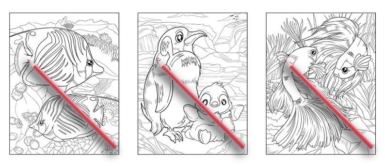 May include: Three black and white coloring pages featuring a butterfly fish, a penguin and a baby penguin, and a betta fish. Each page has a red pencil lying on top of it.