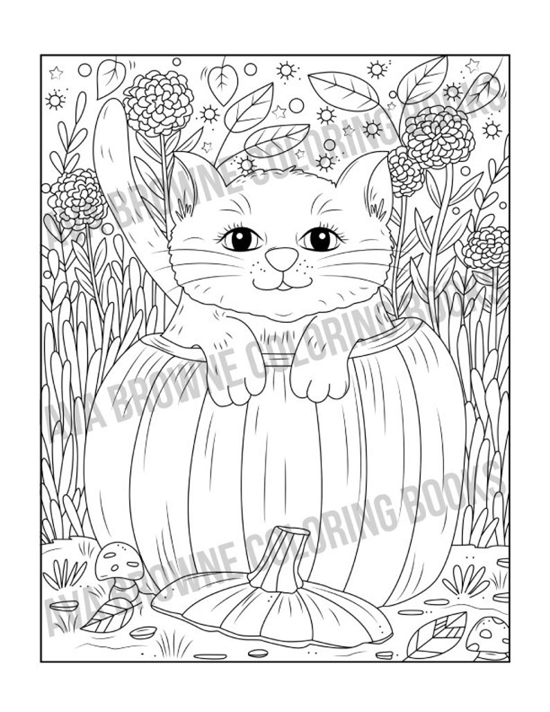 May include: A black and white line drawing of a cat sitting inside a pumpkin. The cat is smiling and has large eyes. The pumpkin is surrounded by leaves and flowers.
