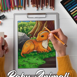 May include: A person is colouring a drawing of a baby deer in a woodland setting. The drawing is on a white sheet of paper on a clipboard. The person is using a yellow coloured pencil. The drawing is titled "Baby Animals".