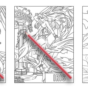 May include: Three black and white line drawings of female figures with names Medusa, Iris, and Nike below each figure.
