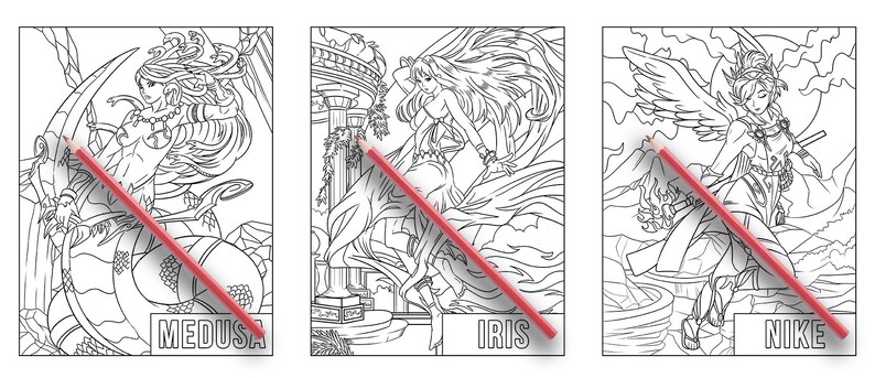 May include: Three black and white line drawings of female figures with names Medusa, Iris, and Nike below each figure.