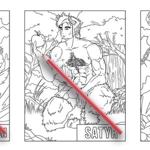 May include: Black and white line art colouring pages featuring Poseidon, a satyr, and Prometheus. Each image is labelled with the name of the figure.