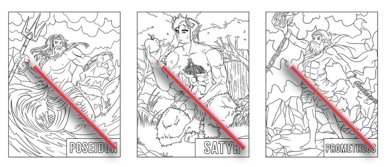 May include: Black and white line art colouring pages featuring Poseidon, a satyr, and Prometheus. Each image is labelled with the name of the figure.