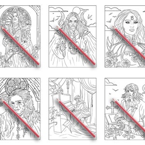 Puede incluir: Un conjunto de seis p&aacute;ginas para colorear en blanco y negro con personajes de inspiraci&oacute;n g&oacute;tica. Cada p&aacute;gina presenta un personaje diferente con detalles intrincados y una pose dram&aacute;tica.