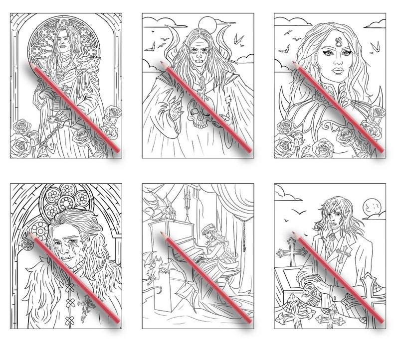 Puede incluir: Un conjunto de seis p&aacute;ginas para colorear en blanco y negro con personajes de inspiraci&oacute;n g&oacute;tica. Cada p&aacute;gina presenta un personaje diferente con detalles intrincados y una pose dram&aacute;tica.