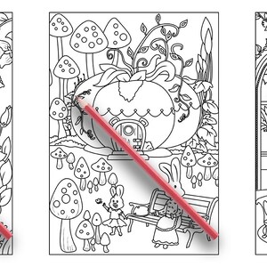 May include: Three black and white coloring pages featuring whimsical mushroom houses. The first page shows a mushroom house with a chimney and a path leading to the front door. The second page shows a mushroom house with a pumpkin-shaped roof and two bunnies sitting on a bench. The third page shows a mushroom house with a window and a table set for tea.