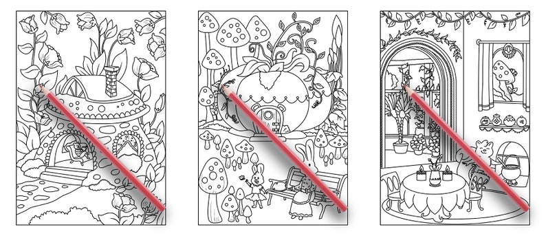 May include: Three black and white coloring pages featuring whimsical mushroom houses. The first page shows a mushroom house with a chimney and a path leading to the front door. The second page shows a mushroom house with a pumpkin-shaped roof and two bunnies sitting on a bench. The third page shows a mushroom house with a window and a table set for tea.