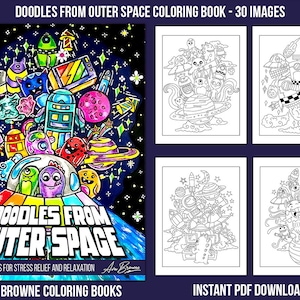 Peut inclure: Une couverture de livre de coloriage avec une illustration color&eacute;e de gribouillis de l'espace. La couverture pr&eacute;sente une fus&eacute;e, des plan&egrave;tes, des &eacute;toiles et des extraterrestres. Le titre du livre est "Doodles from Outer Space Coloring Book - 30 Images".