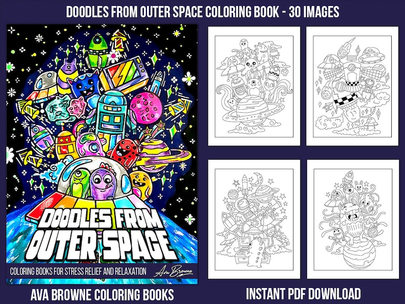 Peut inclure: Une couverture de livre de coloriage avec une illustration color&eacute;e de gribouillis de l'espace. La couverture pr&eacute;sente une fus&eacute;e, des plan&egrave;tes, des &eacute;toiles et des extraterrestres. Le titre du livre est "Doodles from Outer Space Coloring Book - 30 Images".