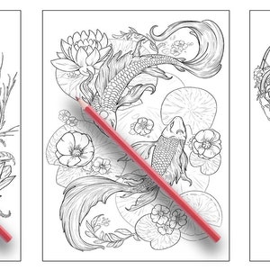 以下が含まれることがあります： 線画で描かれた白黒の塗り絵3枚。最初のページは、額に三日月と太陽のデザインが施されたキツネが描かれている。2枚目は、スイレンのある池で泳ぐ2匹の魚が描かれている。3枚目は、枝角に花が飾られた鹿の頭蓋骨が描かれている。