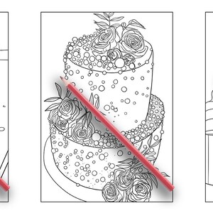 May include: A coloring book page featuring three different desserts: a strawberry roll cake, a two-tiered cake with floral decorations, and a strawberry sundae with whipped cream and a cherry on top.