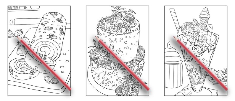 May include: A coloring book page featuring three different desserts: a strawberry roll cake, a two-tiered cake with floral decorations, and a strawberry sundae with whipped cream and a cherry on top.