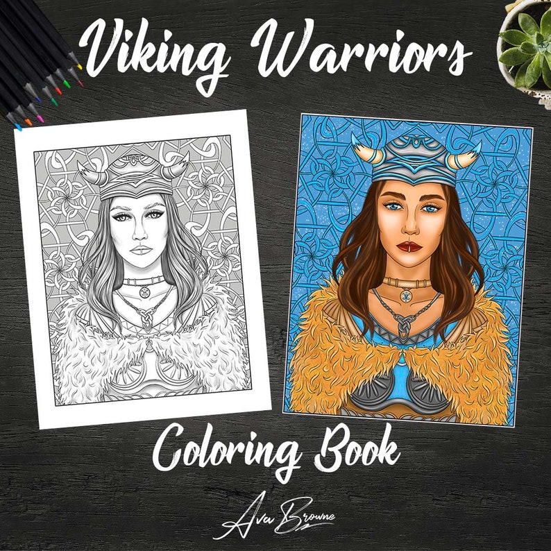 May include: A coloring book page featuring a Viking warrior woman with a horned helmet, intricate details, and a blue and white background. The title "Viking Warriors Coloring Book" is at the bottom of the page.