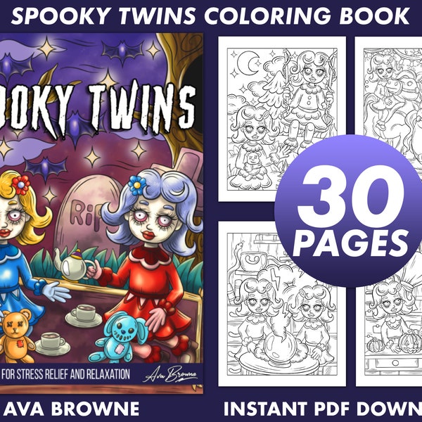 Ava Browne Coloring Books | Spooky Twins Coloring Book, Adult Coloring Book Gift For Women, Teens, Halloween Coloring Books PDF DOWNLOAD