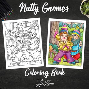 K&ouml;nnte beinhalten: Eine Malvorlage mit zwei Gnomen, die bunte Kleidung und Sonnenbrillen tragen. Die Gnomen tanzen und halten ihre H&auml;nde hoch. Der Text "Nutty Gnomes Coloring Book" befindet sich am unteren Rand der Seite.