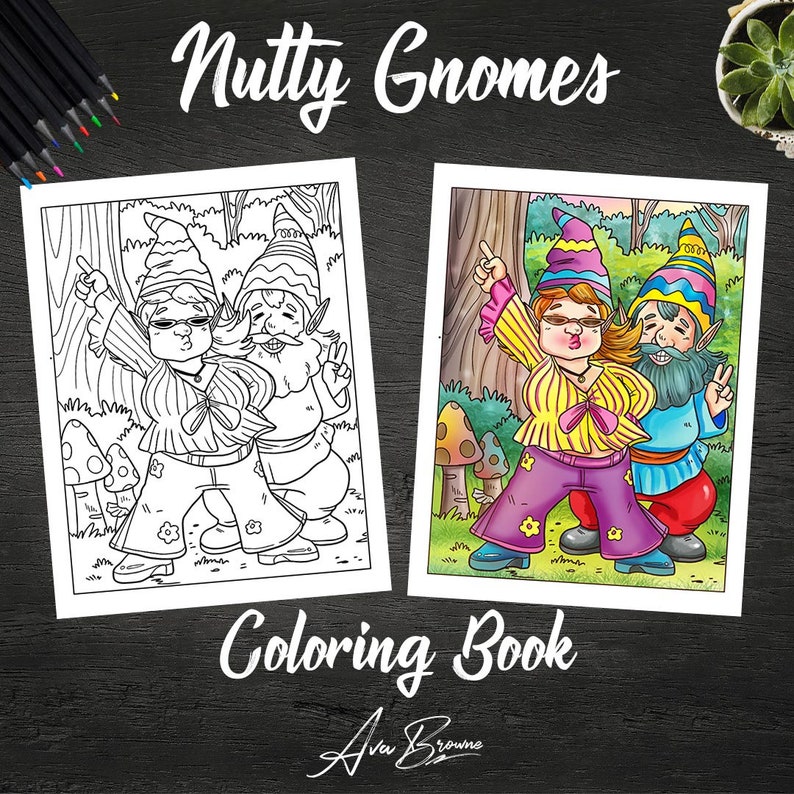 K&ouml;nnte beinhalten: Eine Malvorlage mit zwei Gnomen, die bunte Kleidung und Sonnenbrillen tragen. Die Gnomen tanzen und halten ihre H&auml;nde hoch. Der Text "Nutty Gnomes Coloring Book" befindet sich am unteren Rand der Seite.