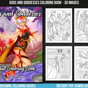 May include: An adult colouring book featuring illustrations of Greek gods and goddesses. The cover features a colourful illustration of a winged goddess holding a flaming torch. The title of the book is "Gods and Goddesses" and the subtitle is "Adult Colouring Book".