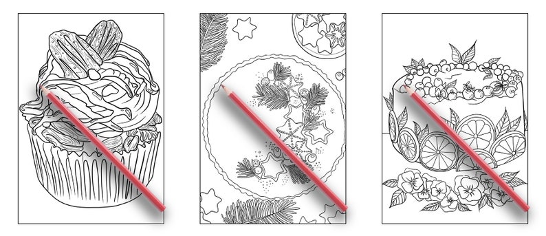 May include: Three black and white coloring pages featuring different desserts. The first page shows a cupcake with intricate details. The second page shows a pie with a decorative crust and a sprig of holly. The third page shows a cake with a citrus fruit design.