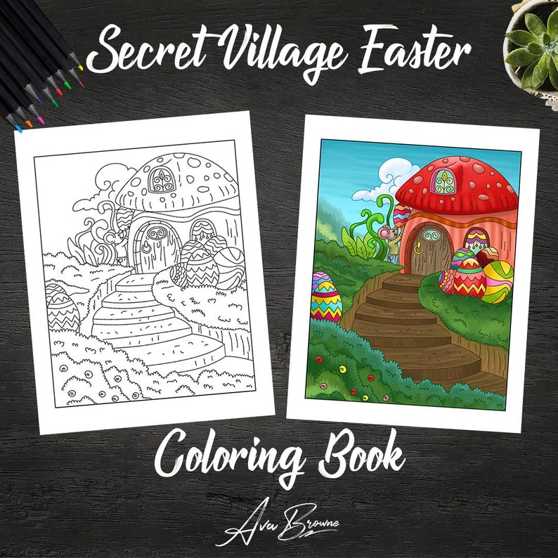 May include: A black and white coloring page of a mushroom house with a staircase and Easter eggs. The colored version shows a red and pink mushroom house with a brown staircase and colorful Easter eggs.