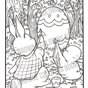 Peut inclure: Une page &agrave; colorier en noir et blanc repr&eacute;sentant un lapin et un poussin peignant un &oelig;uf de P&acirc;ques. Le lapin porte une chemise &agrave; carreaux et tient un pinceau. Le poussin tient un pinceau et se tient &agrave; c&ocirc;t&eacute; de l'&oelig;uf.