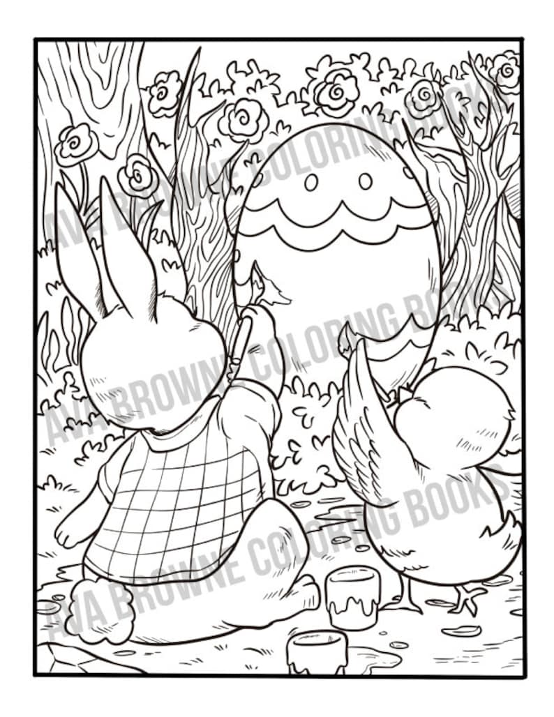 Peut inclure: Une page &agrave; colorier en noir et blanc repr&eacute;sentant un lapin et un poussin peignant un &oelig;uf de P&acirc;ques. Le lapin porte une chemise &agrave; carreaux et tient un pinceau. Le poussin tient un pinceau et se tient &agrave; c&ocirc;t&eacute; de l'&oelig;uf.