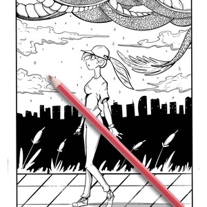 May include: Black and white illustration of a person walking on a sidewalk, with a red pencil diagonally across the image. The background features a cityscape, clouds, and stylized plants.
