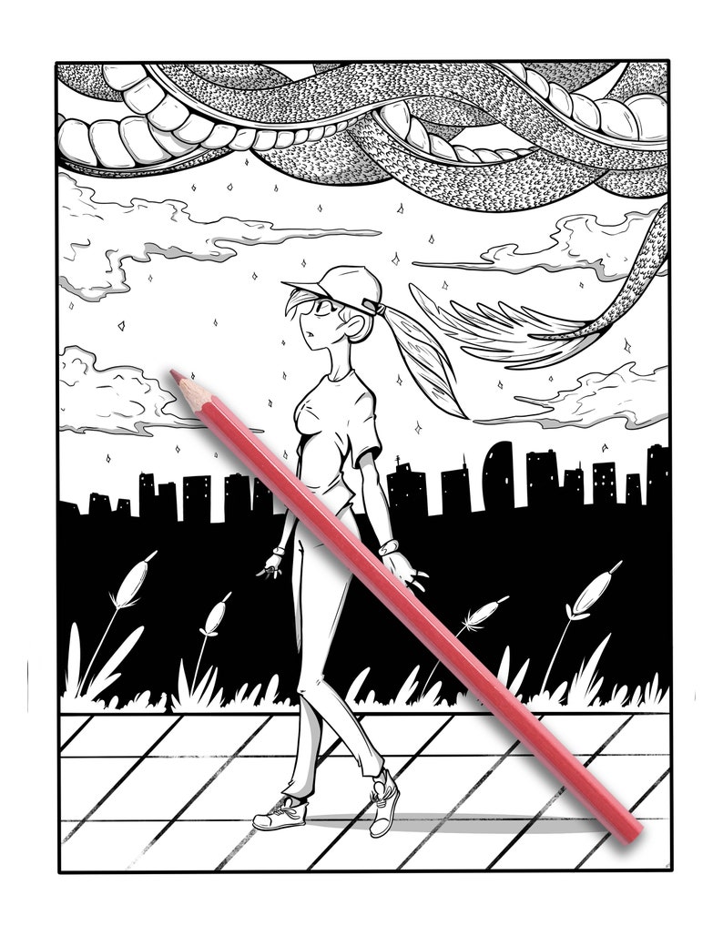May include: Black and white illustration of a person walking on a sidewalk, with a red pencil diagonally across the image. The background features a cityscape, clouds, and stylized plants.