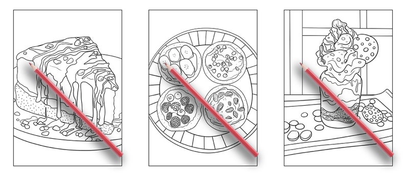 May include: A coloring page featuring three different desserts: a slice of chocolate cake with nuts, a plate of mini pizzas with various toppings, and a tall glass of ice cream with cookies and whipped cream.