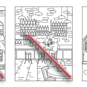 May include: Three black and white illustrations of shops in a town. The first shop is a bakery called "Pop Corn", the second shop is a bar with a wine rack, and the third shop is an antique store called "Antiques".