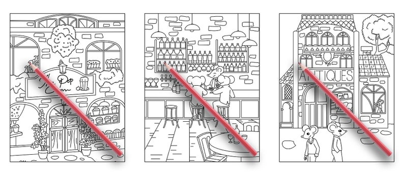 May include: Three black and white illustrations of shops in a town. The first shop is a bakery called "Pop Corn", the second shop is a bar with a wine rack, and the third shop is an antique store called "Antiques".