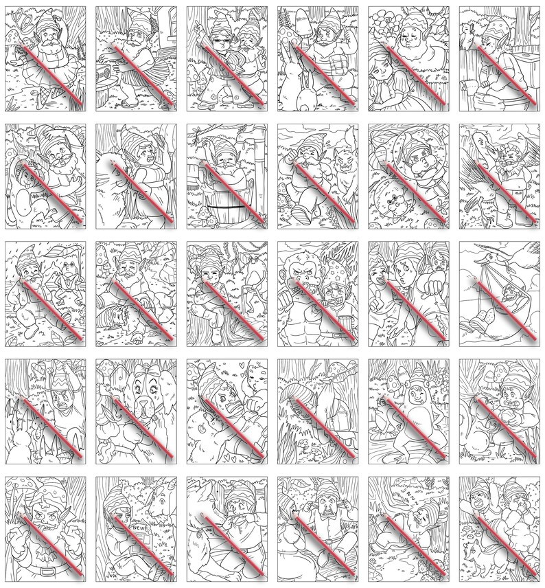 K&ouml;nnte beinhalten: Ein Set mit 25 Schwarzwei&szlig;-Malvorlagen mit verschiedenen Illustrationen von Gnom in verschiedenen Szenen. Die Gnome tragen H&uuml;te und haben B&auml;rte. Die Szenen beinhalten Gnome, die in einem Garten arbeiten, Gnome, die mit Tieren spielen, und Gnome, die die Natur genie&szlig;en.