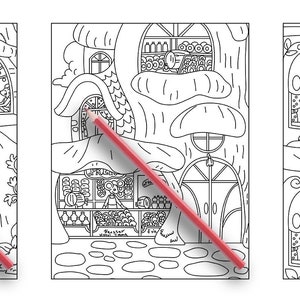 May include: Three black and white line drawings of whimsical shops. The first shop is a treehouse with a sign that says "Coffee". The second shop is a mushroom house with a sign that says "Bakery". The third shop is a building with a sign that says "Donuts".
