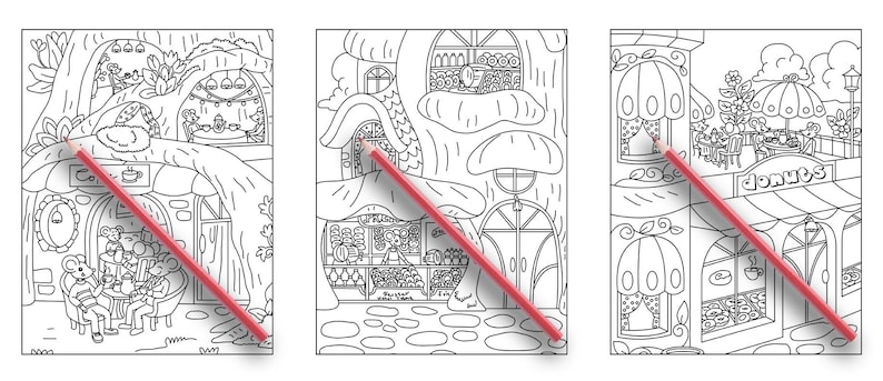 May include: Three black and white line drawings of whimsical shops. The first shop is a treehouse with a sign that says "Coffee". The second shop is a mushroom house with a sign that says "Bakery". The third shop is a building with a sign that says "Donuts".