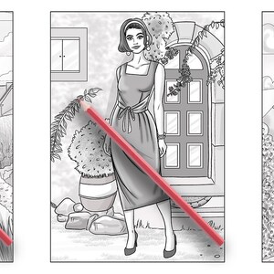May include: Three black and white illustrations of women wearing different dresses. The first woman is wearing a long-sleeved dress with a collar and a bow. The second woman is wearing a sleeveless dress with a belt. The third woman is wearing a sleeveless dress with a V-neck.