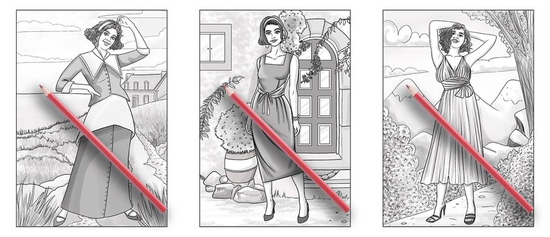 May include: Three black and white illustrations of women wearing different dresses. The first woman is wearing a long-sleeved dress with a collar and a bow. The second woman is wearing a sleeveless dress with a belt. The third woman is wearing a sleeveless dress with a V-neck.