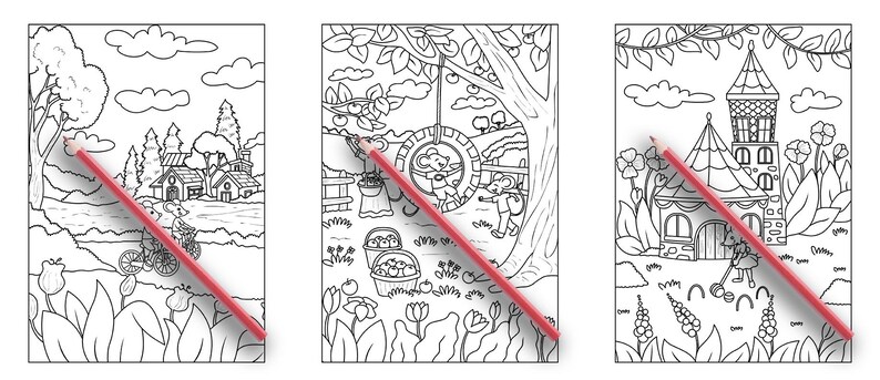 以下が含まれることがあります： 家、木、動物が描かれた、幻想的なシーンが3つの白黒の塗り絵です。最初のページは庭のある家、2番目のページはブランコとリスがいる木、3番目のページは塔のある家と鳥が描かれています。