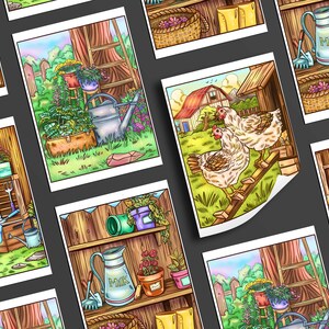 May include: A set of eight illustrated cards featuring various scenes of a garden, including a chicken coop, a shed with gardening tools, and a watering can. The cards are printed on white paper with a watercolour-like style.